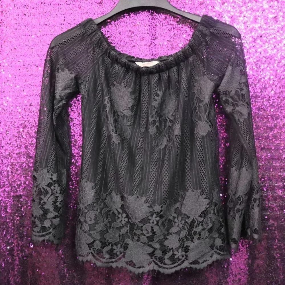 Black Lace Top XS Arizona Jean Co Women Off Shoulder Floral Long Sleeve